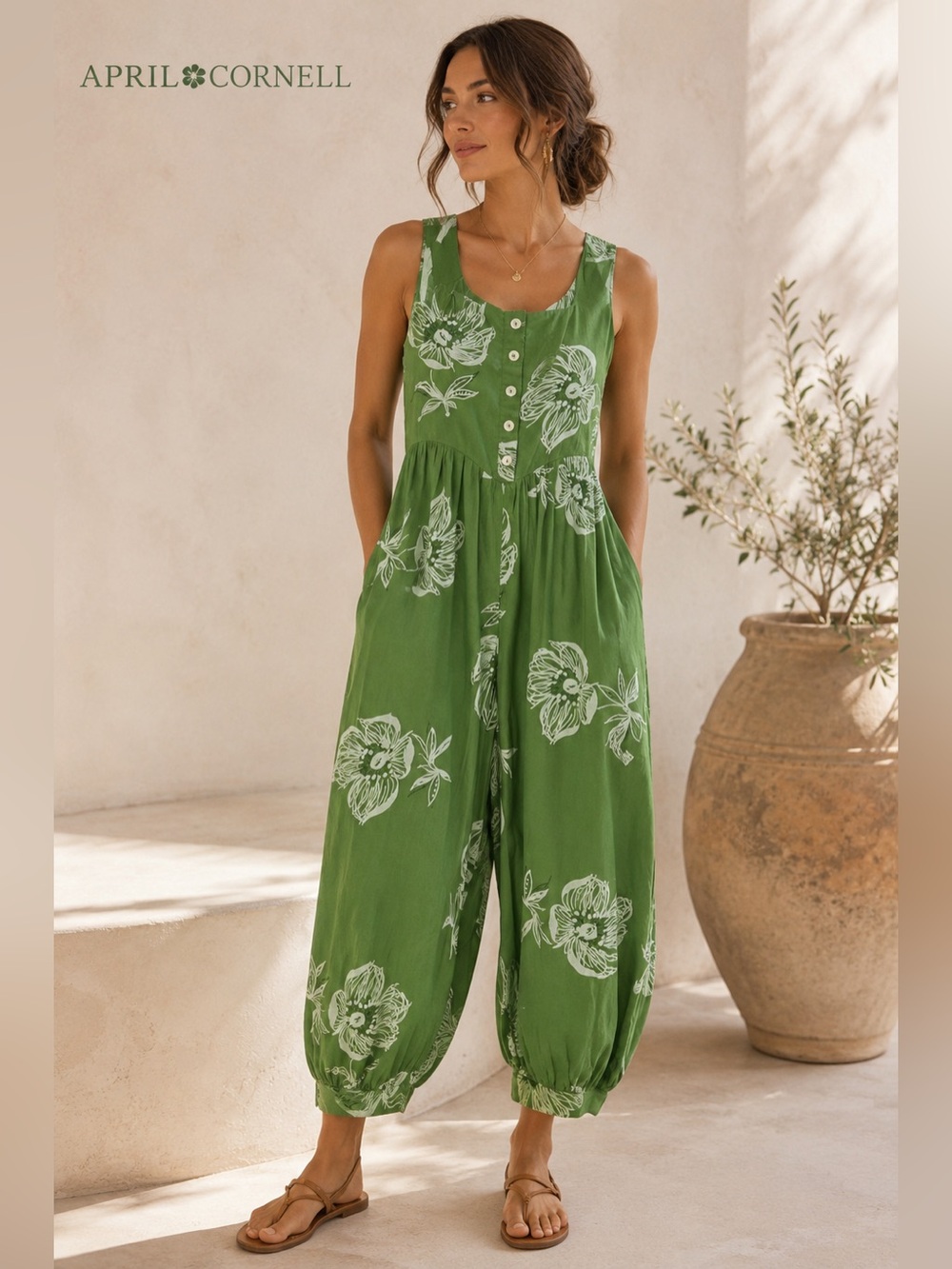 April Cornell Green Floral Jumpsuit S Button Front Boho Cottagecore Lagenlook